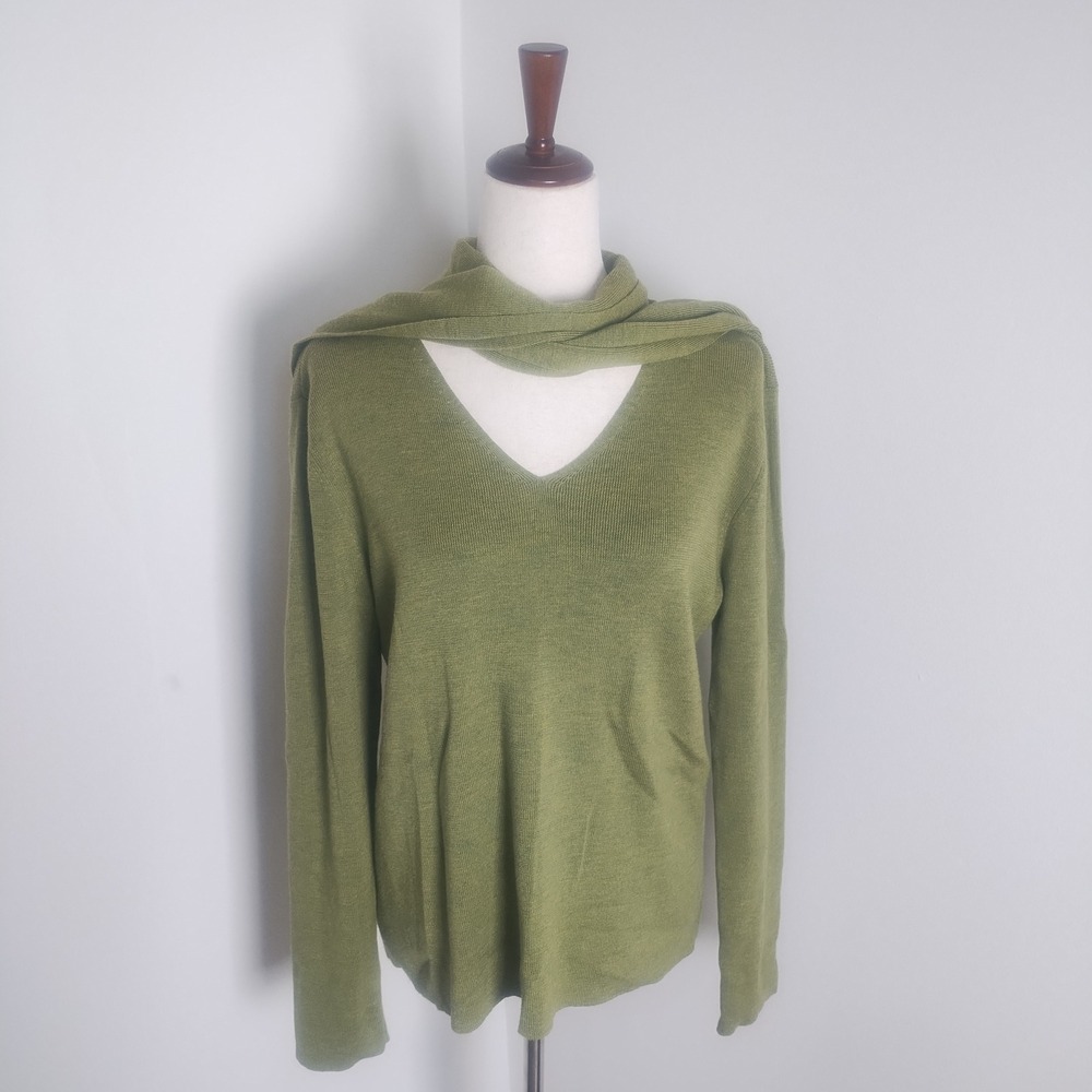 Casual Corner Sweater Womens XL Chartreuse Merino Wool V-Neck Detachable Scarf
